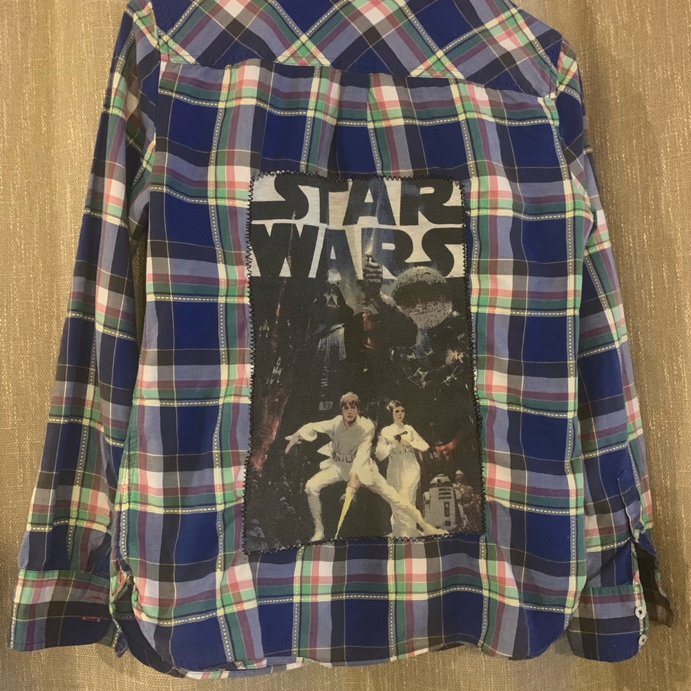 Talbots Blue Plaid Button Down Shirt with Star Wars Patch